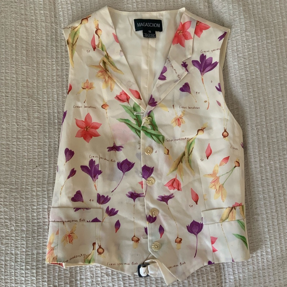 Vintage 90s Floral Garden Watercolor Silky V Neck Vest Top Blouse Buckle Fairy